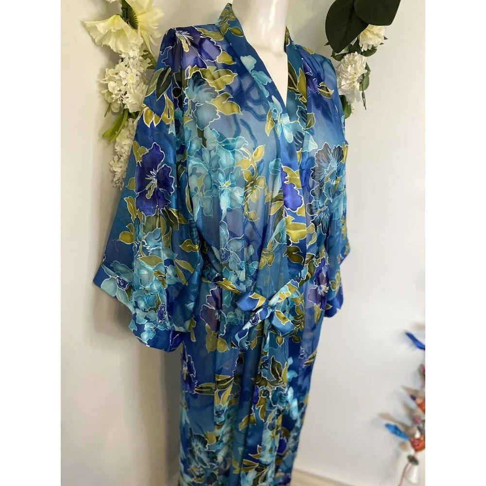 Vintage California Dynasty Blue Semi‎ Sheer Floral Long Robe Medium Pockets EUC
